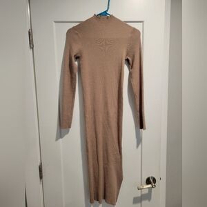 Tan Mock Neck Midi Sweater Dress with Slit